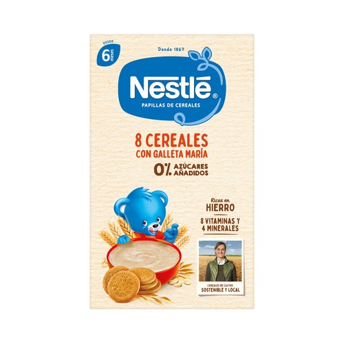 NESTLÉ Papilla de 8 cereales con galleta Maria y sin azúcares añadidos, a partir de 6 meses 475 g.