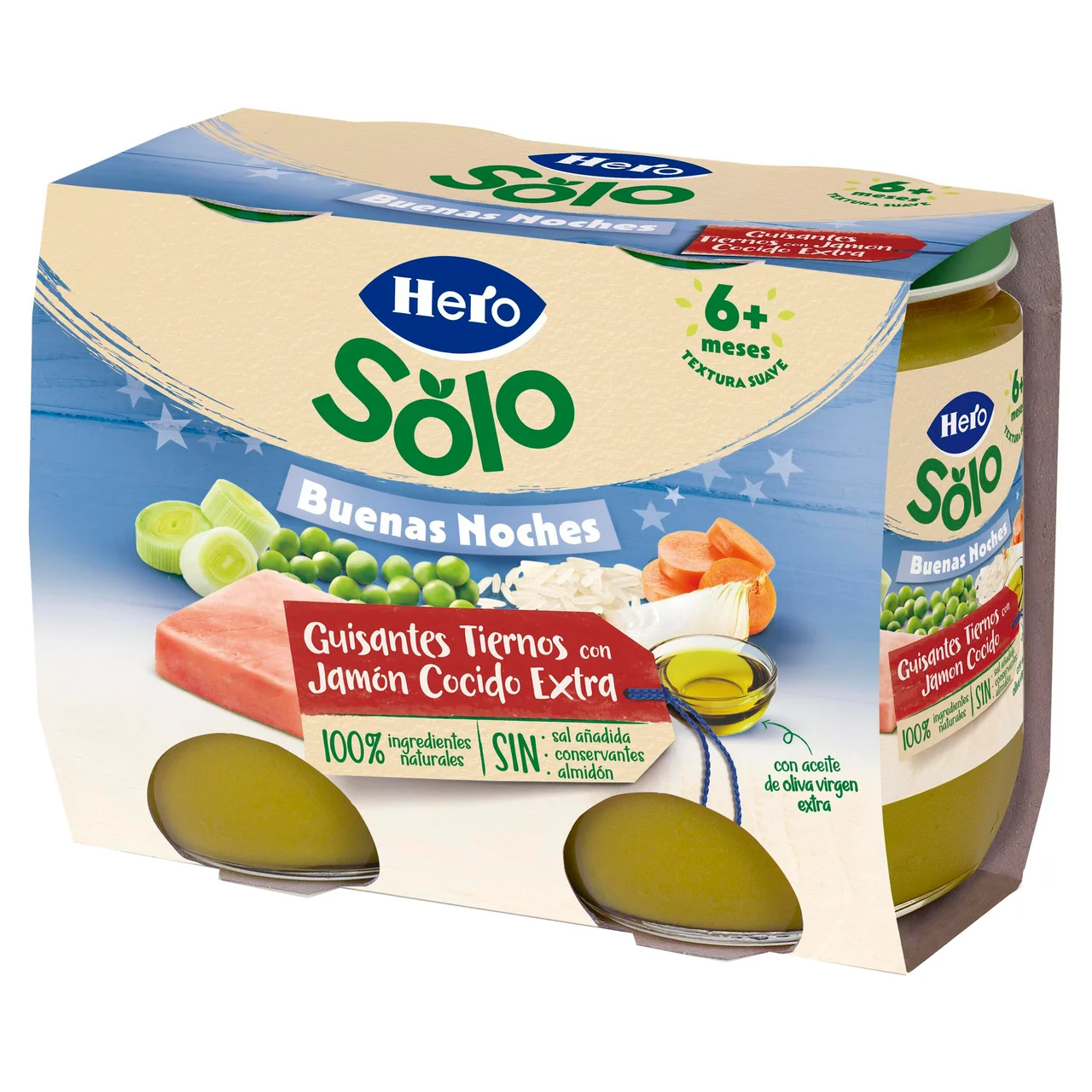 Solo buenas noches Tarrito de guisantes tiernos con jamón cocido extra (textura suave), a partir de 6 meses 2 x 190 g.