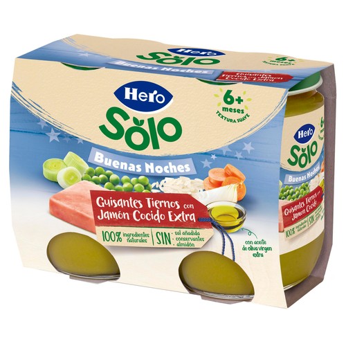 HERO Solo buenas noches Tarrito de guisantes tiernos con jamón cocido extra (textura suave), a partir de 6 meses 2 x 190 g.