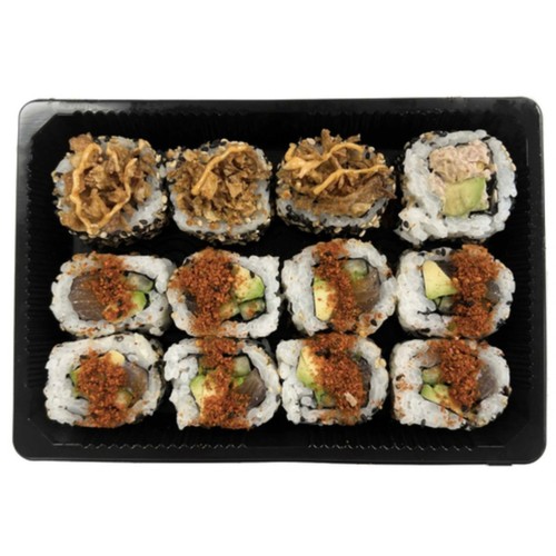 Bandeja 8 California salmón y 4 de atún con mayonesa picante y cebolla frita SUSHI GOURMET 12 uds.