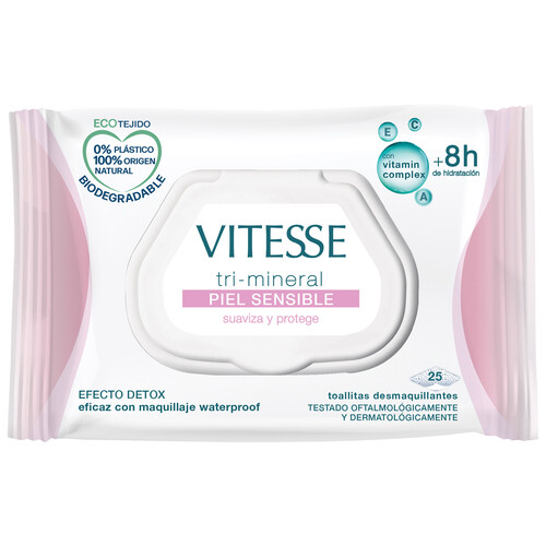 VITESSE Toallitas desmaquilladoras con vitamin complex y efecto detox, especiales para pieles sensibles VITESSE 25 uds.