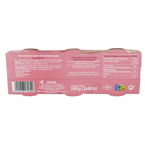 PRODUCTO ALCAMPO Paté de hígado de cerdo PRODUCTO ALCAMPO pack 3 uds. x 80 g.