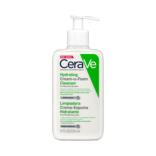 CERAVE Limpiador (crema-espumante) hidratante, eliminador del maquillaje, para pieles normales a secas 236 ml.