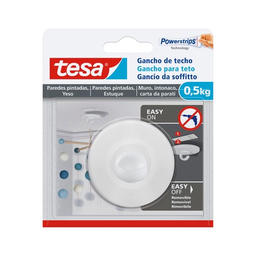 Gancho de techo para papel pintado y yeso 0,5 kg, fácil de quitar y poner, TESA.