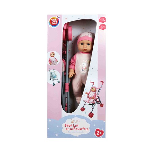Carrito de muñecas con muñeco de 35cm, ONE TWO FUN