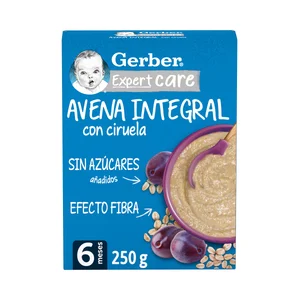 GERBER Expert care Papilla de avena integral con ciruela a partir de 6 meses 250 g.