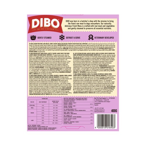 DIBO Alimento para perro sabor cordero 400g.