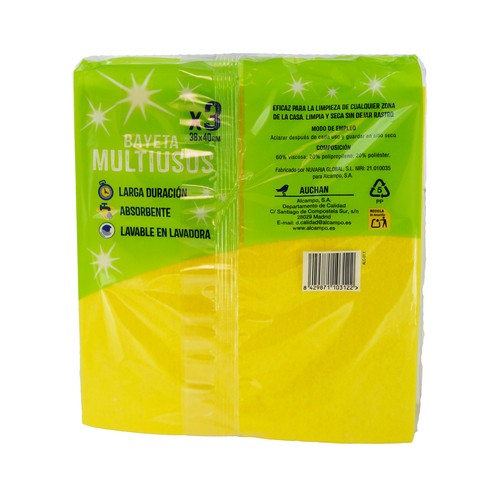 PRODUCTO ALCAMPO Bayetas absorbentes amarillas de 38 x 40 cm y larga duración 3 uds.