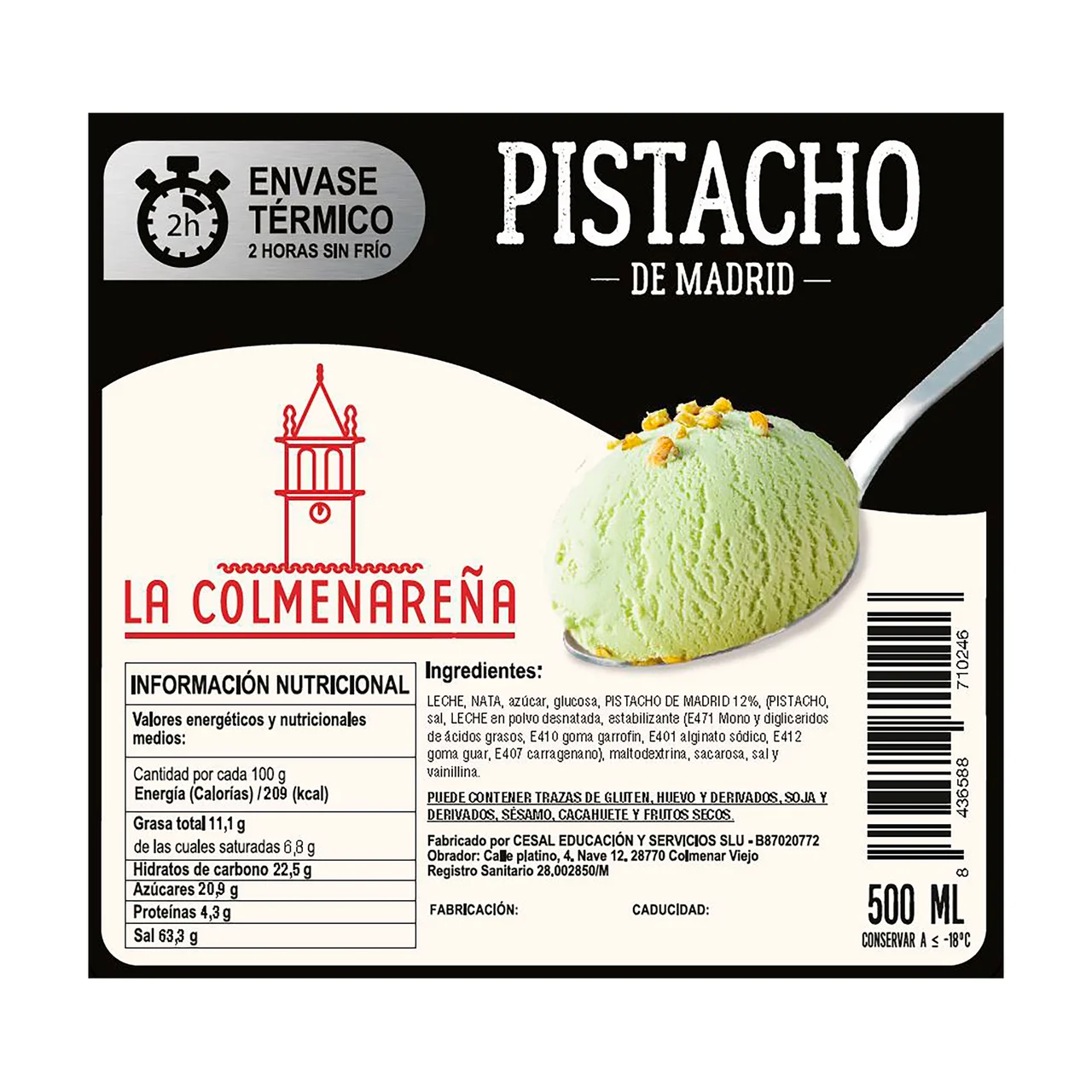 Tarrina de helado cremoso de pistacho 500 ml.