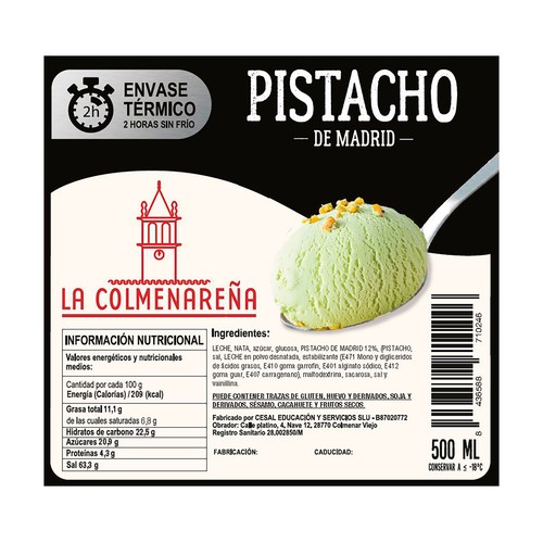 LA COLMENAREÑA Tarrina de helado cremoso de pistacho 500 ml.