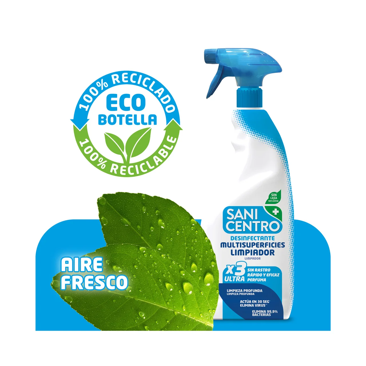 Limpiador multisuperficies desinfectante sin lejia, con aroma a aire fresco 750 ml.