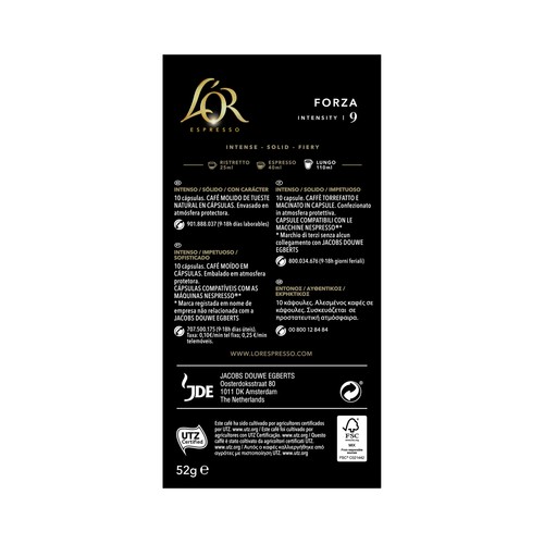 L"OR ESPRESSO Café en cápsulas Forza I9, 10 uds.