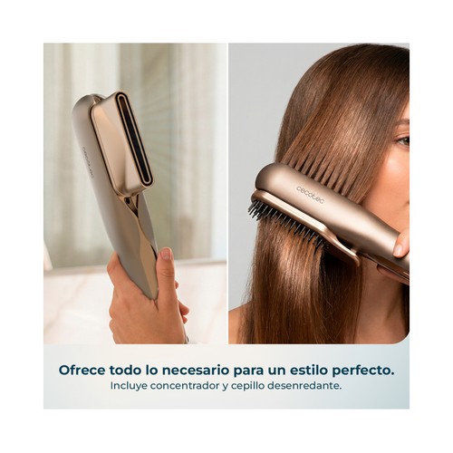 Plancha de pelo con flujo de aire CECOTEC AirLisse 2 en 1 ForceDry Duo Champagne, placas flotantes, máximo 220ºC