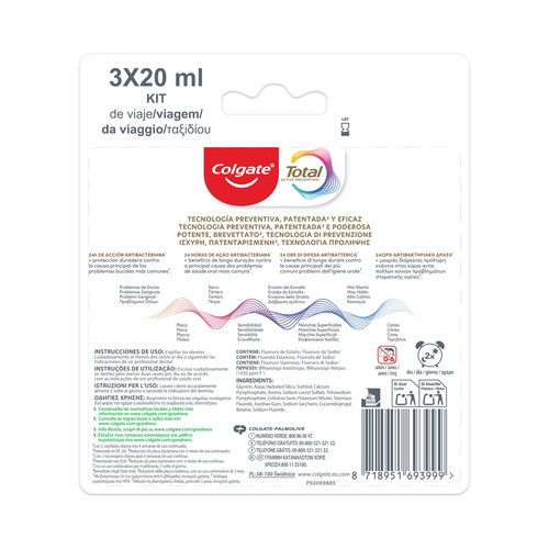 COLGATE Total original Pasta de dientes en formato viaje 3 x 20 ml.