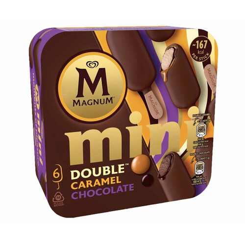 MAGNUM Mini bombón helado de vainilla con una fina capa de caramelo (3) o chocolate recubierto de chocolate con leche (3) 6 x 60 ml.