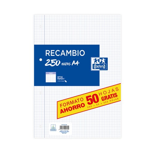 Recambio A4 con margen 200+50 hojas Optik Paper. OXFORD