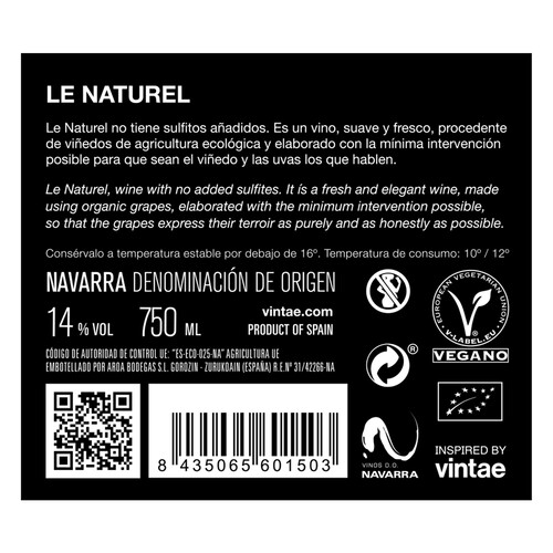 LE NATUREL  Vino tinto ecológico con D.O. Navarra botella de 75 cl.