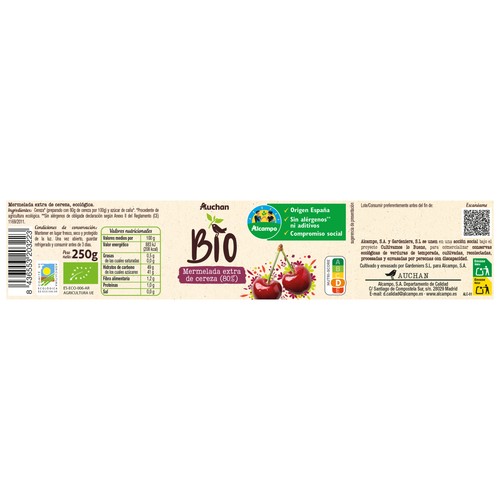 ALCAMPO CULTIVAMOS LO BUENO Bio  Mermelada extra de cereza (80%) ecológica  250 g.