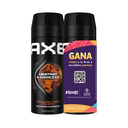 AXE Leather & cookies Desodorante en spray para hombre anti transpirante hasta 48 horas 2 x 150 ml.