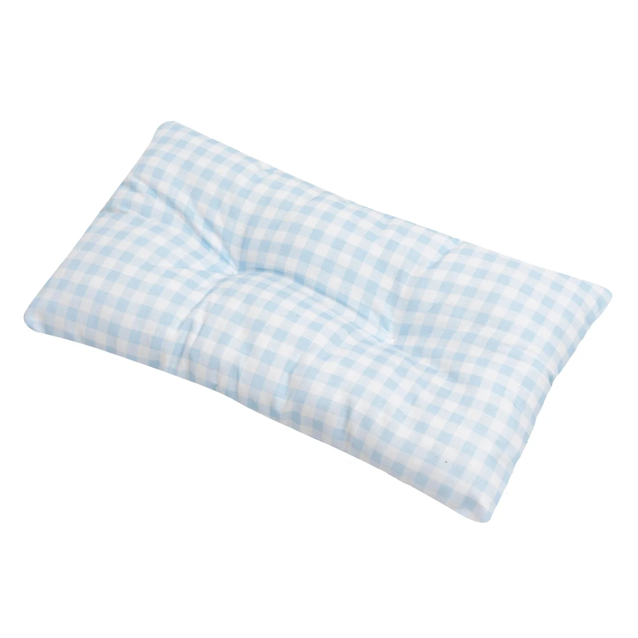 Cojín rectangular diseño de cuadros azul y blanco.