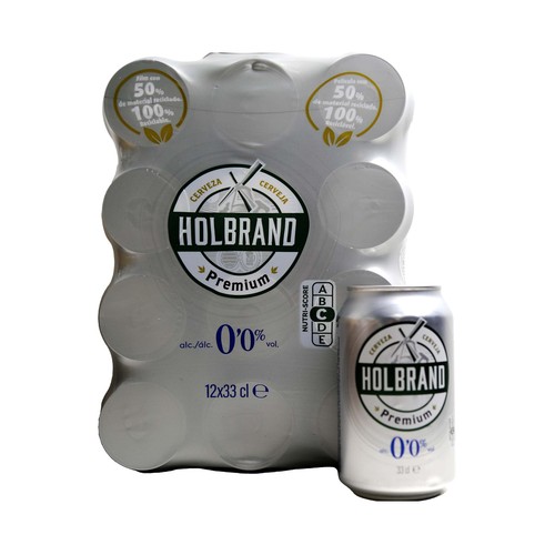 Cerveza sin alcohol HOLBRAND, pack de 12 latas de 33 centilitros.