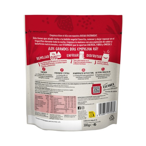 LINWOODS Avena y semillas de Chia, con sabor a fresa, lista para añadir leche o bebida vegetal 300 g.