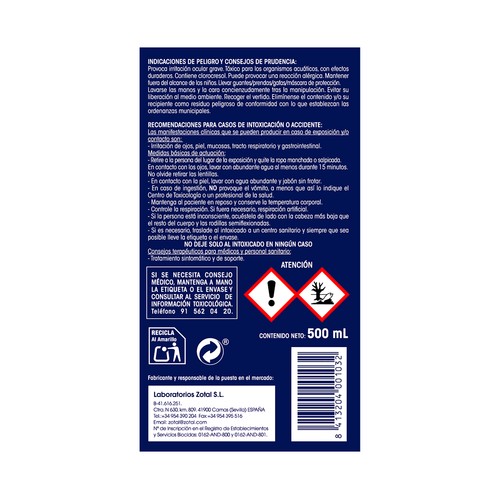 ZOTAL Desinfectante microbicida, fungicida y desodorante, perfume limón ZOTAL ZERO 500 ml.