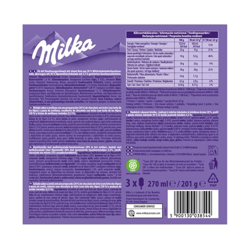 MILKA Bombón helado sabor avellana, con trocitos de avellana tostadas, recubierto chocolate con leche 3 x 90 ml.