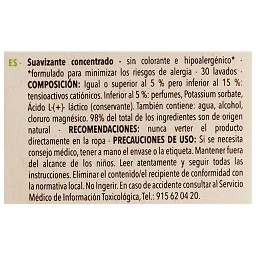 PRODUCTO ALCAMPO Better life Suavizante concentrado ecológico e hipoalergénico 750 ml, 30 lavados.