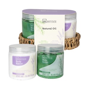 IDC INSTITUTE Natural oil Bandeja con manteca corporal (250 ml) aroma lavanda y exfoliante corporal (250 ml) aroma a romero