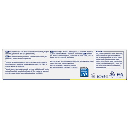 ORAL-B Advanced Pasta de dientes contra la sensibilidad dental, acción reconfortante 2 x 75 ml.