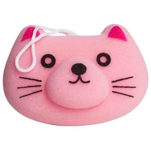 GIRL POWER Esponja de baño con cordel y forma de gatito rosa.