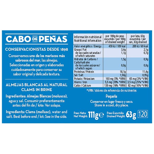 CABO DE PEÑAS Almeja blanca al natural 63 g.