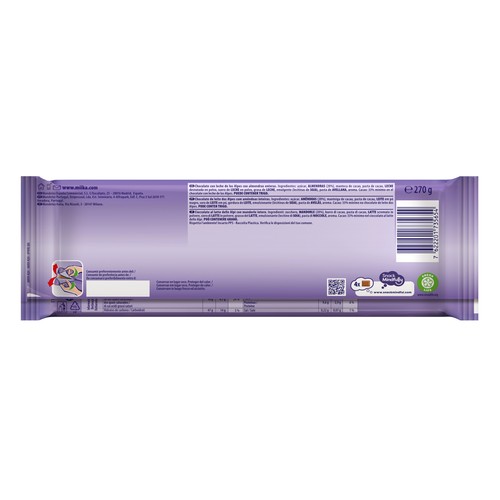 MILKA Chocolate con leche y almendras enteras 270 g.