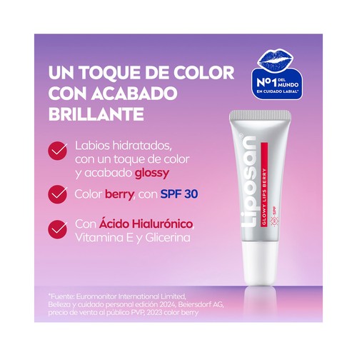 LIPOSAN Glowy Protector labial hidratante con color (berry) y efecto glow y FPS 30.