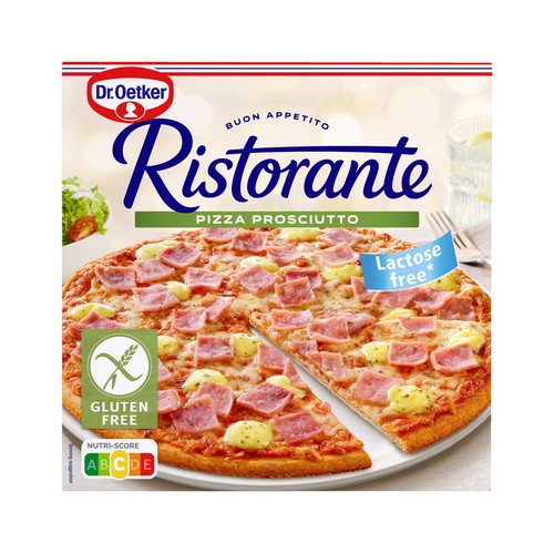 DR. OETKER Pizza sin gluten, son salsa de tomate, jamón cocido ahumado y queso Ristorante 370 g.