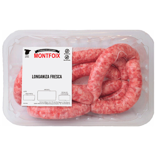 Longaniza fresca blanca de cerdo, tipo salchichas, elaboradas sin gluen ni lactosa MONTFOIX 800 Gramos Aproximados