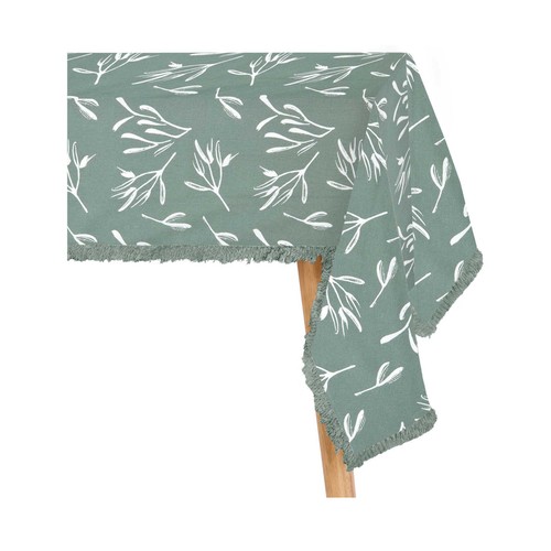 Mantel 140x240cm algodón, estampado hojas con flecos verde Home Sweet Home. TEXTILES DOSAN