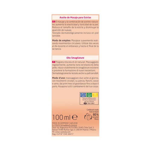 WELEDA Aceite de masaje para la prevencion y la reducción de las estrias en todo tipo de pieles 100 ml.