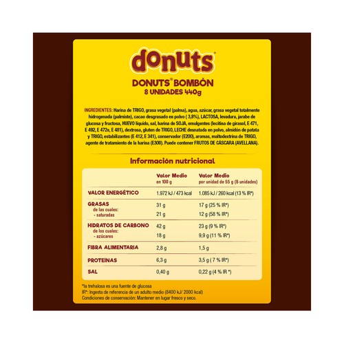 Rosquillas de chocolate DONUTS BOMBÓN pack XXL 8 udas. 440 g..