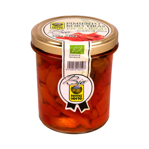 Pimiento rojo ecológico asado, en tiras ecológicos TERRA VERTE 210 g. peso neto escurrido