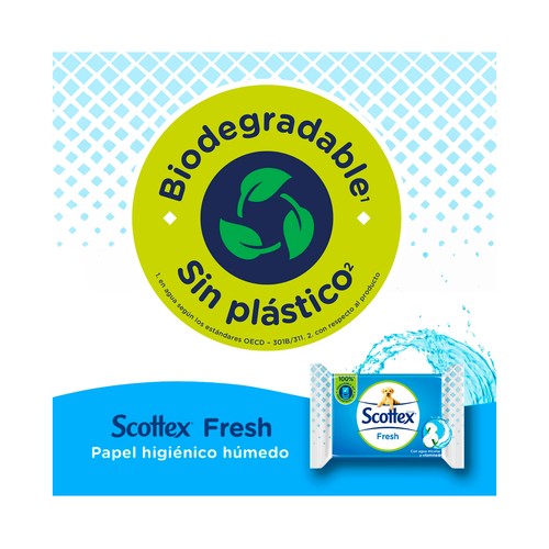 SCOTTEX Fresh Papel higiénico húmedo (toallitas WC), con agua micelar y vitamina E 2 x 74 uds.