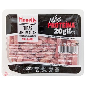 Más proteína Tiras de bacon ahumadas con madera de haya 100 g.