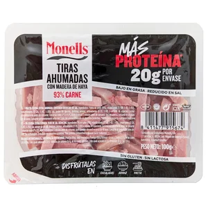 MONELLS Más proteína Tiras de bacon ahumadas con madera de haya 100 g.