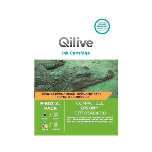 Pack de 4 cartuchos. de tinta compatible (Epson 603XL) QILIVE E-603 XL, negro, cián, magenta y amarillo.