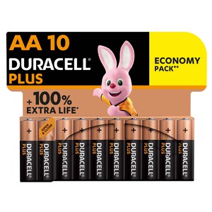 Pack de 10 pilas alcalinas AA, LR06, 1,5V, DURACELL Plus.