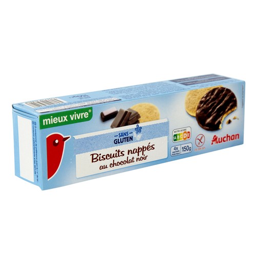 Galletas con cobertura de chocolate negro, sin gluten (controlado por la FACE) PRODUCTO ALCAMPO, 150 g.