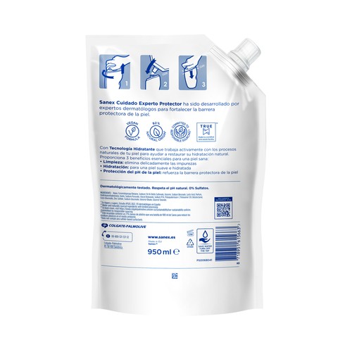 SANEX Cuidado experto Recambio de gel de ducha o baño probiótico, para todo tipo de pieles 950 ml.