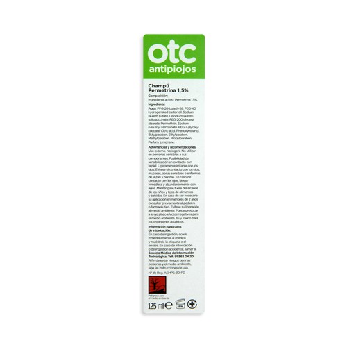 OTC Champú antipiojos permetrina, eficaz en 15 minutos ,OTC Antipiojos 125 ml.