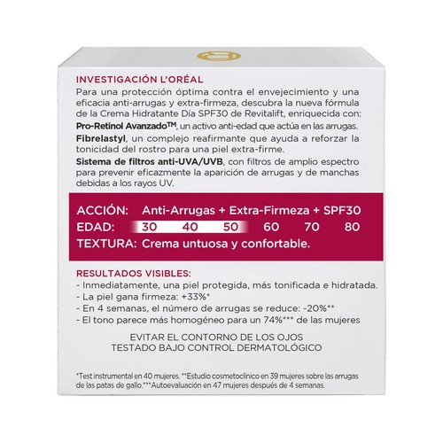 L´ORÉAL PARIS Revitalift 50 ml Crema de día antiarrugas con Pro-Retinol y proteccion solar 30.
